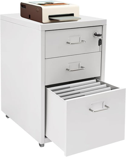 3-Drawer Vertical File Cabinet, 11*16*18.3in Rolling File Cabinet, Mobile Organizer Storage Cabinet with Lock, Office Filing Storage Cabinet Under Desk fits A4 Size, for Home Office (White)