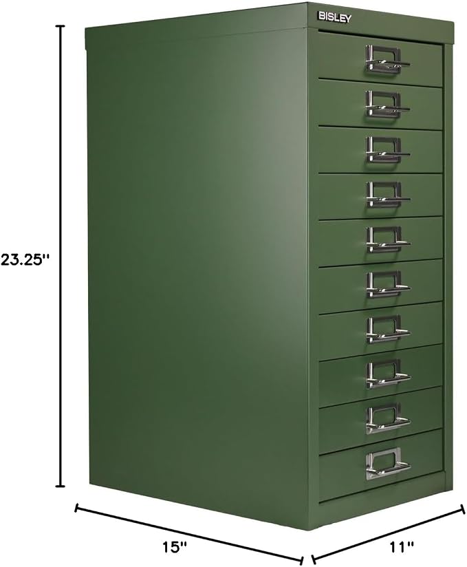 Bisley 10-Drawer Steel MultiDrawer Cabinet - Olive Green | Chrome Pull Handles with Label Holders, Powder-Coated Steel, Removable Drawers, Fits Under Most Desks, Labels Included