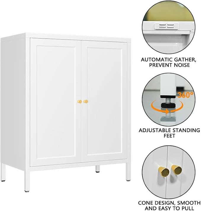 Metal Accent Storage Cabinet for Home, LivingRoom,Office,Kitchen- Metal Locker Cabinet with 1 Adjustable Shelves-Bathroom Floor Storage Cabinet Freestanding Organizer(Square Door, White)
