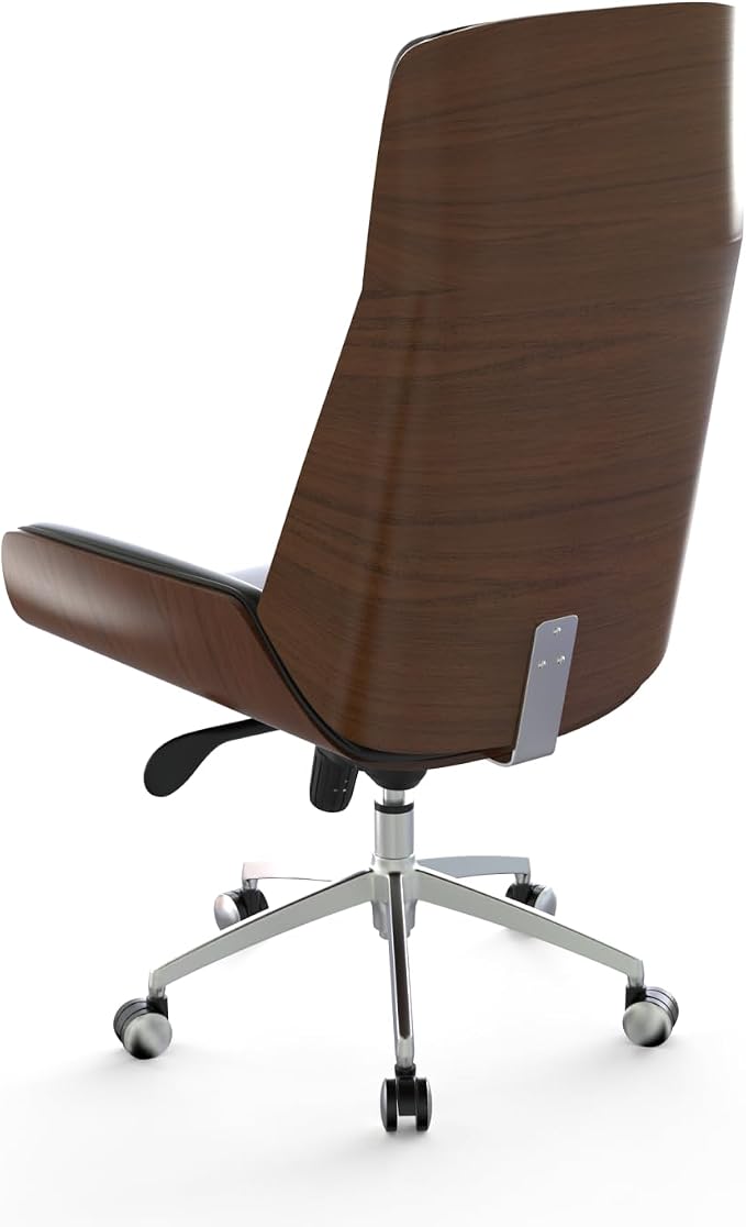 FOH Luxury Wooden Swivel and Adjustable Executive Chair, Wide Pu Leather Office Chair, Modern and Vintage Design High Back Computer Desk Chair for Conference Rooms and Home Offices (Black)