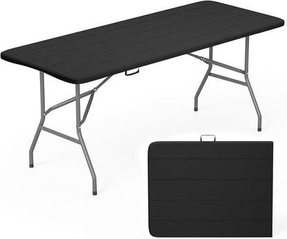FDW 6 FT Folding Table, Portable Plastic Table with Carrying Handle Perfect for Indoor, Outdoor, Party, Dining, Wedding, Events, Camping, Black Wood Grain