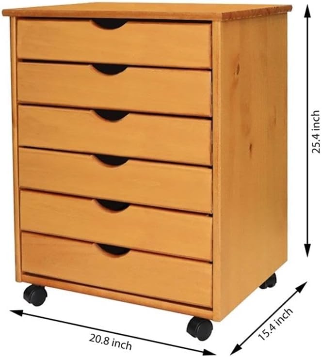 Pemberly Row Solid Wood 6-Drawer Roll Utility Cart, 15.35x20.75x25.43 in, Med Pine Finish, Smooth Mobility Casters, Compact Storage Organizer for Home Office, Kitchen, or Craft Room