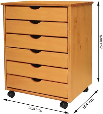 Pemberly Row Solid Wood 6-Drawer Roll Utility Cart, 15.35x20.75x25.43 in, Med Pine Finish, Smooth Mobility Casters, Compact Storage Organizer for Home Office, Kitchen, or Craft Room