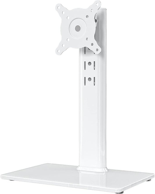 Hemudu Single LCD Computer Monitor Free-Standing Desk Stand Riser for 13 inch to 32 inch Screen with Swivel, Height Adjustable, Rotation, Holds One (1) Screen up to 77Lbs(HT05W-001) White