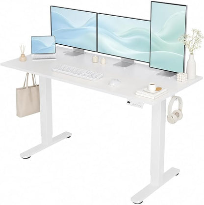 Claiks Electric Standing Desk, 55 x 24 Inch Height Adjustable Sit Stand Desk for Home Office, Computer Desk with Memory Presets, Cable Management & Headphone Hooks, 156 lbs Capacity, White