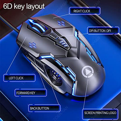 Gaming Mouse Wired,6 Buttons, 4 Adjustable DPI Up to 3200 DPI, 7 Circular & Breathing LED Light, Multifunction Wired Mouse Used for Games and Office (Black)