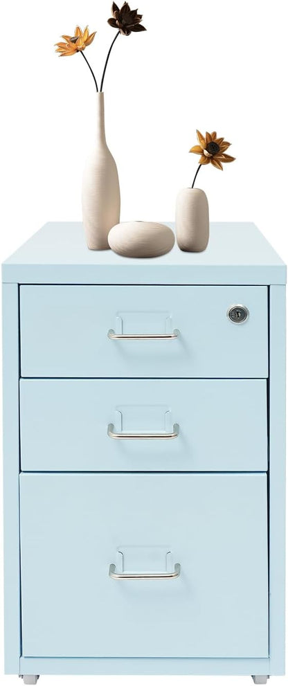 3 Drawers File Cabinet Locking Vertical File Cabinet Under Desk Small File Cabinet with Wheels for Home Office (Blue)