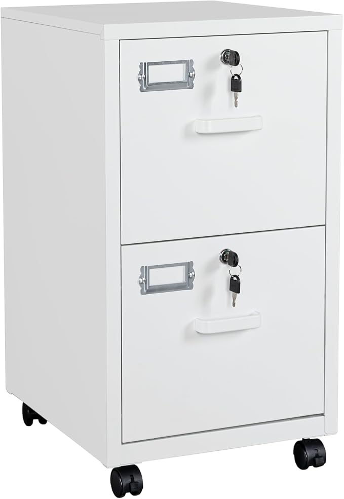 BYNSOE 2 Drawers File Cabinet with Lock Metal Vertical File Cabient with Wheels Mobile File Cabinet for Office Home Legal/Letter/a4 Size Require Assembly (White, 2 Drawers)