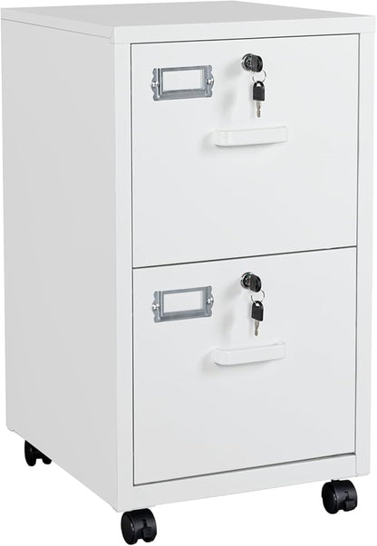 BYNSOE 2 Drawers File Cabinet with Lock Metal Vertical File Cabient with Wheels Mobile File Cabinet for Office Home Legal/Letter/a4 Size Require Assembly (White, 2 Drawers)