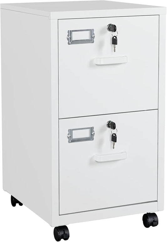 BYNSOE 2 Drawers File Cabinet with Lock Metal Vertical File Cabient with Wheels Mobile File Cabinet for Office Home Legal/Letter/a4 Size Require Assembly (White, 2 Drawers)