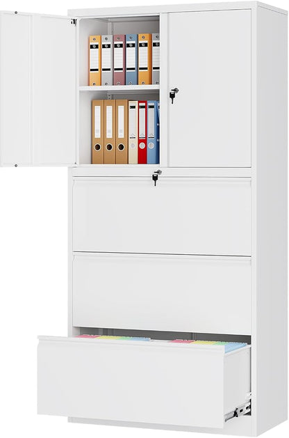 3 Drawer Lateral File Cabinet, Office Storage Cabinet with 3 Wide&Deep Drawers and Locking Doors, White Metal Cabinet with Adjustable Shelves for Home Office, Fits A4/Letter/Legal Size Folders