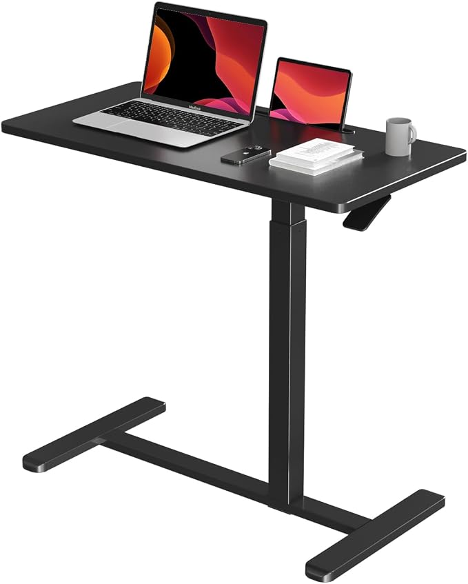 Gibbon Mounts Mobile Standing Desk, Pneumatic Adjustable Rolling Desk(31.5 Inches), Portable Laptop Desk with Wheels, Overbed Bedside Table Laptop Table for Couch, Home, Office, Black