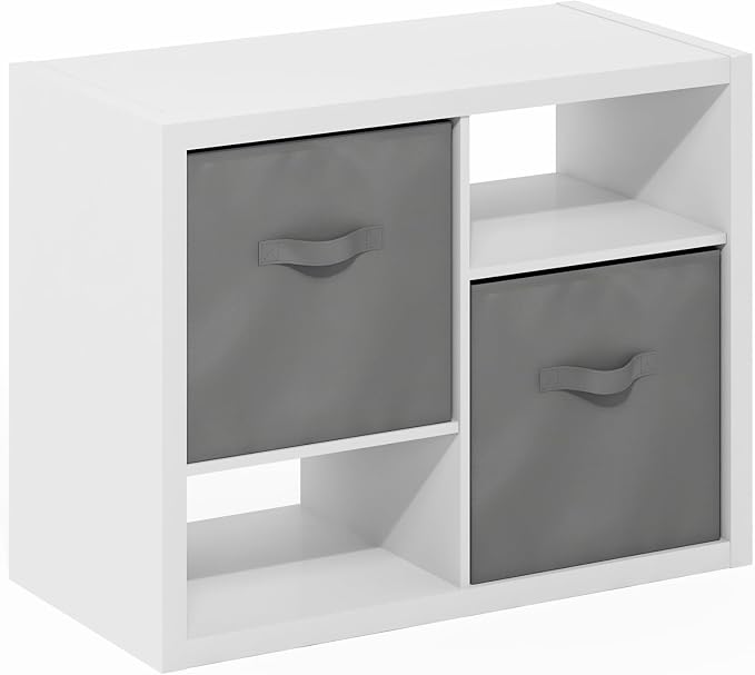 Furinno Viola Standing Storage Shelf with Two Storage Bins, White/Light Grey