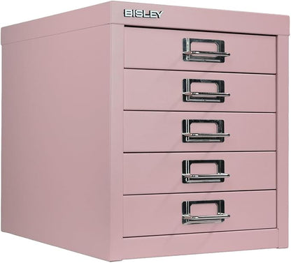 Bisley 5-Drawer Steel MultiDrawer Cabinet - Palest Pink | Chrome Pull Handles with Label Holders, Powder-Coated Steel, Removable Drawers, Desktop Storage, Labels Included
