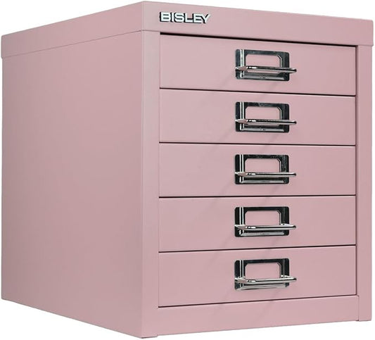 Bisley 5-Drawer Steel MultiDrawer Cabinet - Palest Pink | Chrome Pull Handles with Label Holders, Powder-Coated Steel, Removable Drawers, Desktop Storage, Labels Included