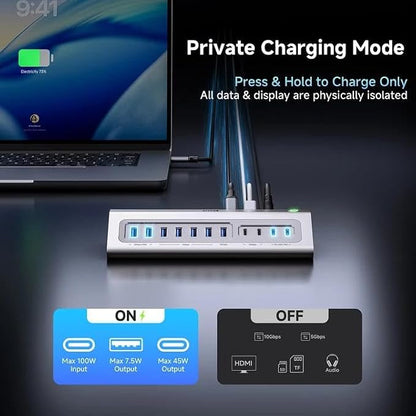 Giftos Powered USB Hub, 18 in 1 USB 3.2 Hub with 4K HDMI, PD 100W,45W Charge,10Gbps USB,SD/TF,Audio, 65W Adapter,3.3FT Cable,Aluminum,Smart Button, USB Hub for Mac, Mac mini, iMac,iPhone 17/16,iPad