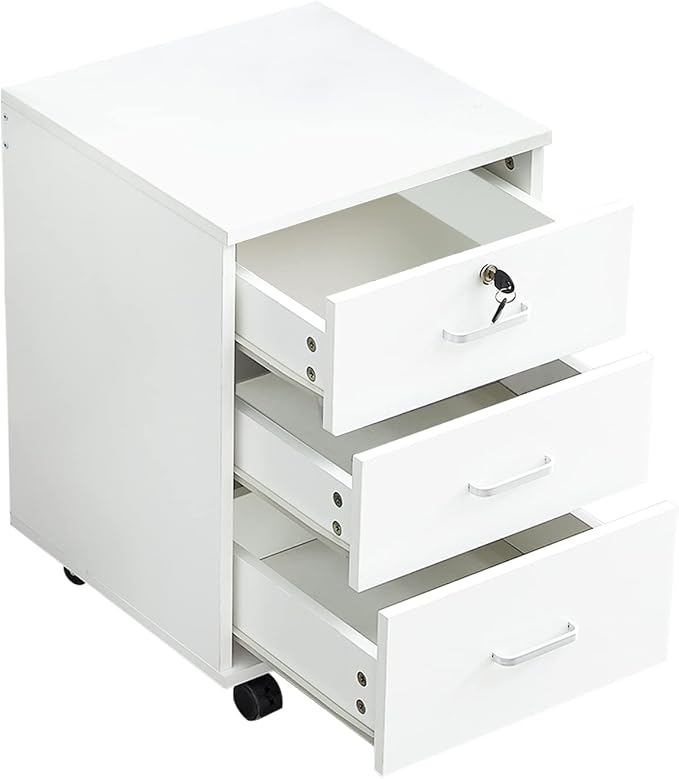 OFCASA 3 Drawer File Cabinet with Lock, Small Rolling Filing Cabinets for Home Office, Wooden Under Desk File Cabinet with Wheels, Mobile Storage Cabinet Printer Stand, for Letter/Legal/A4 Size, White