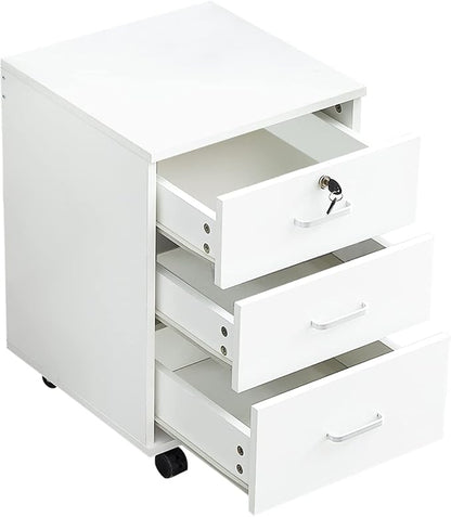 OFCASA 3 Drawer File Cabinet with Lock, Small Rolling Filing Cabinets for Home Office, Wooden Under Desk File Cabinet with Wheels, Mobile Storage Cabinet Printer Stand, for Letter/Legal/A4 Size, White