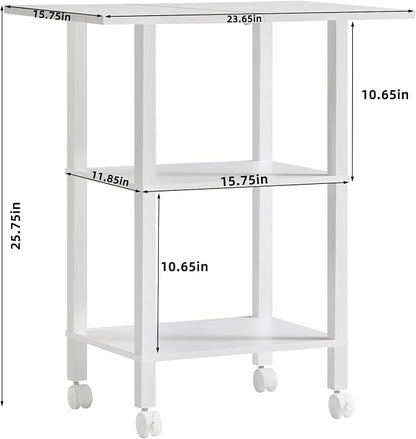 YUFAM White 3 Tier Home Printer Stand with Storage, Wooden Mobile Printer Table Shelf, Rolling Printer Cart Shelf with Lockable Wheels fit Fax Machine, Scanner