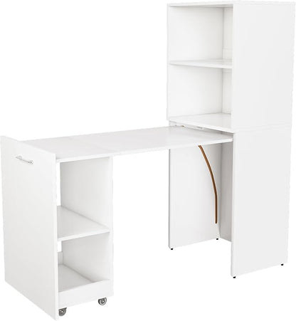 LUMISOL Fold Out Desk with Storage Shelves, Convertible Home Office Desk with Mobile Wheels, Hidden Desk with Storage, Space-Saving Workstation Design, White