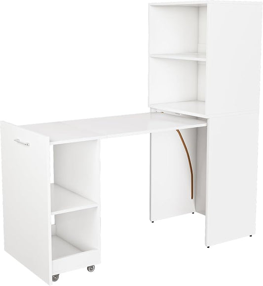 Foldable Expandable Desk Cabinet with Storage Shelves, Rolling Caster Base, Magnetic Closure, Retractable Workstation Unit for Small Spaces, Home Office Study Writing Table Organizer (White)
