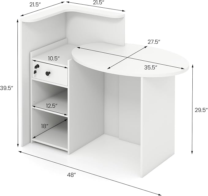 Tangkula Reception Desk, Front Counter Desk with Lockable Drawer & Adjustable Shelf, Oval Desktop, Retail Counter for Checkout, Computer Workstation for Salon Lobby Home Office