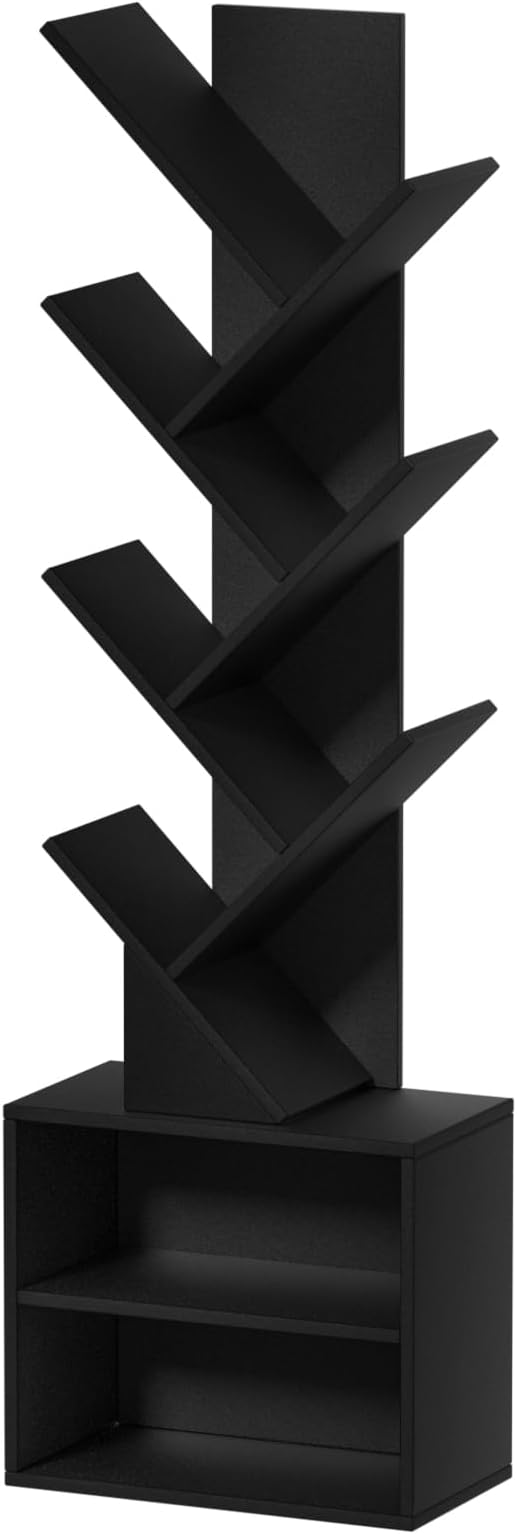 SHEEPAM 10 Tier Tree Bookshelf,Floor Standing Wood Tall Bookcase for Narrow Space, Storage Organizer Bookshelves for Books, Book Case for CDs/Movies/Books,Home Office,Living Room, Bedroom