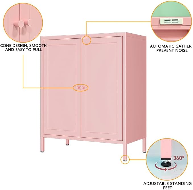 2 Door Metal Storage Cabinet-Small Bathroom Storage Cabinet with 1 Adjustable Shelf,Metal Freestanding Sideboard for Home Office, Living Room, Hallway, Entryway(Square Door, Pink)