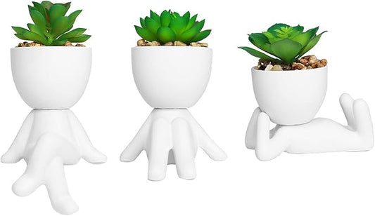 Zerzsy 3 Pack Artificial Succulent Plants for Office Desk, Fake Plants with Ceramics Human Shaped Pots,Cute Fake Succulents Pots for Bedroom/Room/Cubicle/Bookshelf Decor (Ceramic White)