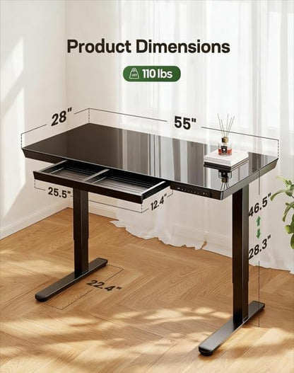 Marsail Glass Standing Desk with Drawer,55 x 28 inch Electric Standing Desk, Sit Stand Desk with One-Piece Tabletop & USB Charging Ports, Height Adjustable Desk with Storage for Home & Office Black