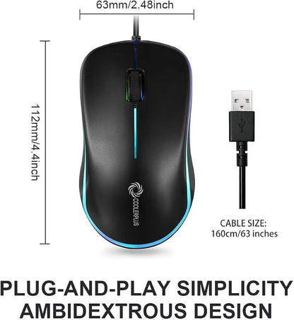 COOLERPLUS FC112 USB Optical Wired Computer Mouse with Easy Click for Office and Home, 1000DPI, Premium and Portable,Compatible with Windows PC, Laptop, Desktop, Notebook (Black)