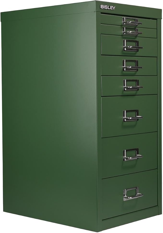 Bisley 8-Drawer Steel MultiDrawer Cabinet - Olive Green | Chrome Pull Handles with Label Holders, Powder-Coated Steel, Removable Drawers, Fits Under Most Desks, Labels Included