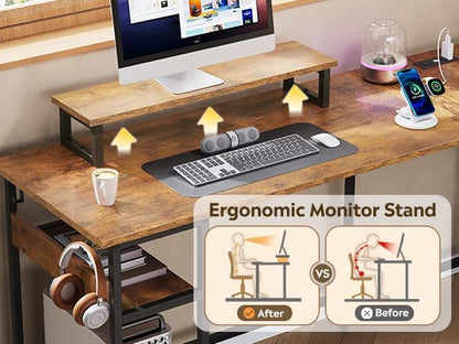 DEVAISE 66 Inch L Shaped Gaming Desk with Drawers and Storage, Corner Desk with LED Lights, Power Outlets, Computer Desk with Monitor Stand, Office Desk for Home, with Hutch, Rustic Brown