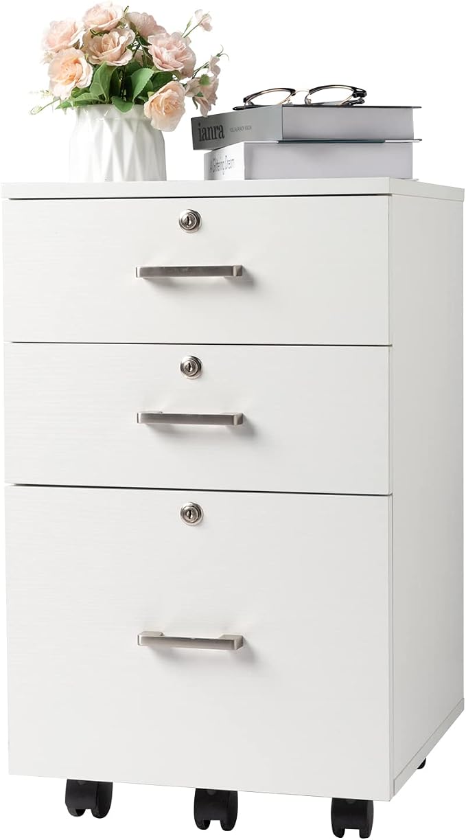 Bonnlo 26" H 3 Drawer File Cabinet with Lock, Rolling File Cabinet Under Desk, Mobile File Cabinets for Home Office, Wood White File Cabinet Printer Stand for Letter Size Hanging/Manila File Folders