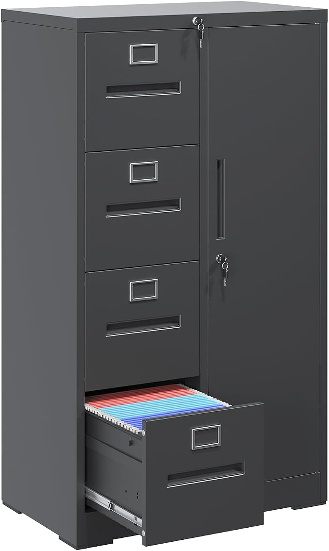 File Cabinet 4 Drawer, Vertical File Cabinet with Lock and 1 Door, File Cabinet with Storage Shelves for A4 Legal/Letter, Assembly Required (Black)