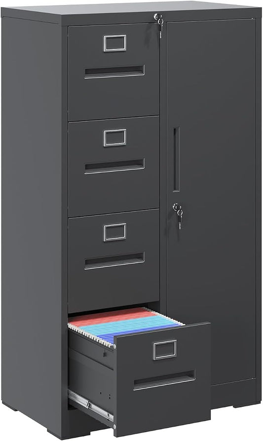 File Cabinet 4 Drawer, Vertical File Cabinet with Lock and 1 Door, File Cabinet with Storage Shelves for A4 Legal/Letter, Assembly Required (Black)
