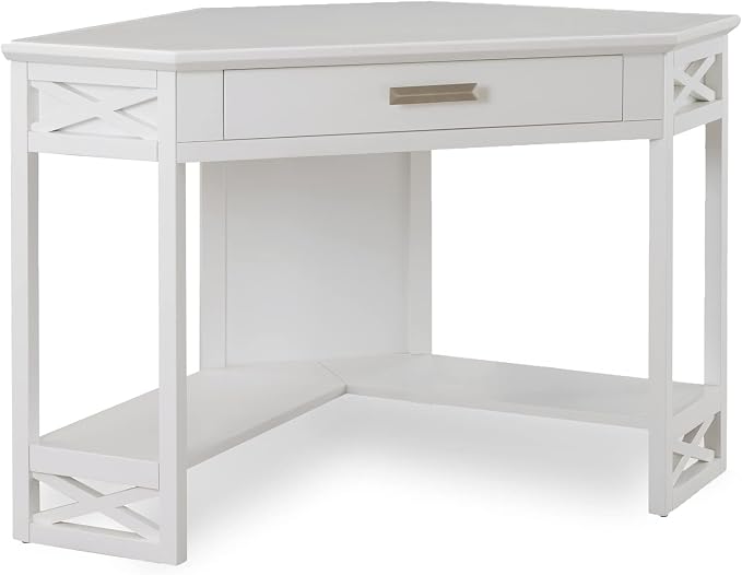 Leick Home Sage Corner Office Desk, Solid Wood, with Drop Front Keyboard Drawer, White, 85430