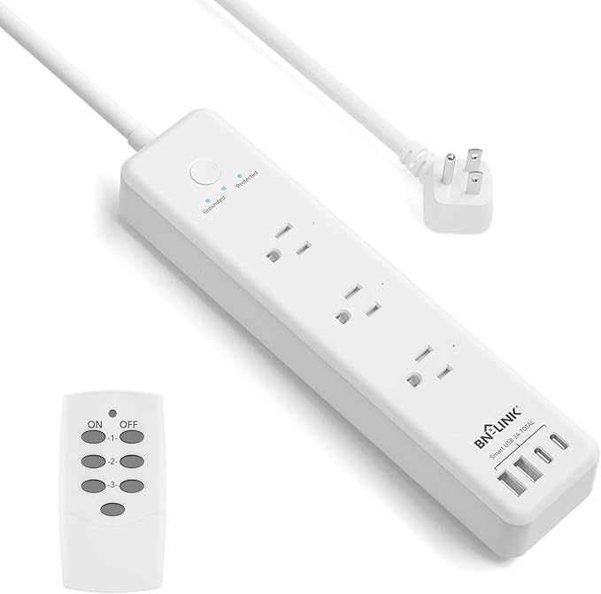 BN-LINK Remote Control Power Strip with 3 Independent Outlets，4 USBs (incl. 20W USB-C), 3.9Ft Extension Cord, 15A/1875W Overload Protection, Wall Mount, for Home, Office, ETL Listed, 1200J