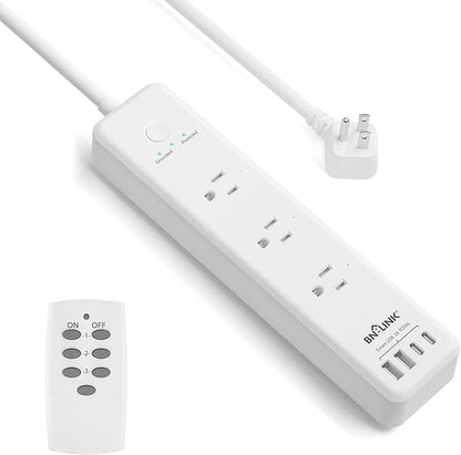 BN-LINK Remote Control Power Strip with 3 Independent Outlets，4 USBs (incl. 20W USB-C), 3.9Ft Extension Cord, 15A/1875W Overload Protection, Wall Mount, for Home, Office, ETL Listed, 1200J