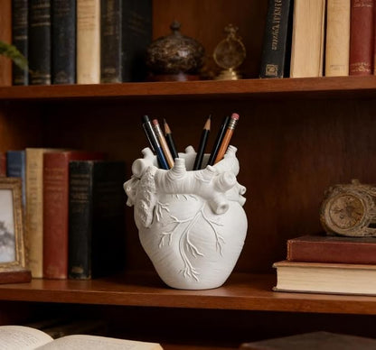 Heart-Shaped Pen Holder, 4.3" x 3.74" Human Heart Organ Shape Pen Holder, Gothic Makeup Brush Holder, 3D Realistic Hearts Anatomy Model for Makeup Brushes Pens,Desk Accessories (White)