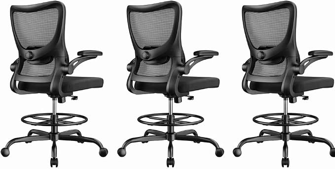 Marsail Drafting Chair, Tall Office Chair with 2D Lumbar Support, Standing Desk Chair with Padded Flip-Up Armrests & Adjustable Footrest Ring, Black,Pack of 3
