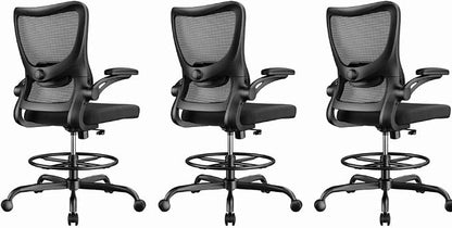 Marsail Drafting Chair, Tall Office Chair with 2D Lumbar Support, Standing Desk Chair with Padded Flip-Up Armrests & Adjustable Footrest Ring, Black,Pack of 3