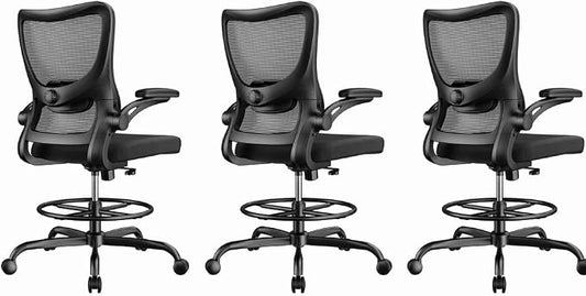 Marsail Drafting Chair, Tall Office Chair with 2D Lumbar Support, Standing Desk Chair with Padded Flip-Up Armrests & Adjustable Footrest Ring, Black,Pack of 3