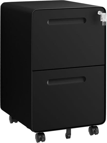 File Cabinet, Mobile Filing Cabinet with Lock, All Steel Structure Printer Stand, Fully Assembled Except Casters, Under Desk Storage for Home Office, 2 Drawers Document Organizer, Black