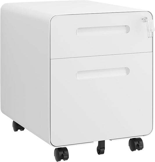 File Cabinet, Mobile Filing Cabinet with Lock, All Steel Structure Printer Stand, Fully Assembled Except Casters, Under Desk Storage for Home Office, 2 Drawers Document Organizer, White