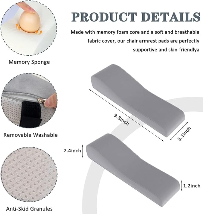 2 Pack Office Chair Armrest Pads Covers,Arm Rest Pad with Memory Foam Elbow Pillow for Forearm Pressure Relief, Arm Rest Covers for Office Chairs, Wheelchair, Comfy Gaming Chair (Grey)