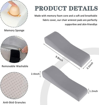 2 Pack Office Chair Armrest Pads Covers,Arm Rest Pad with Memory Foam Elbow Pillow for Forearm Pressure Relief, Arm Rest Covers for Office Chairs, Wheelchair, Comfy Gaming Chair (Grey)