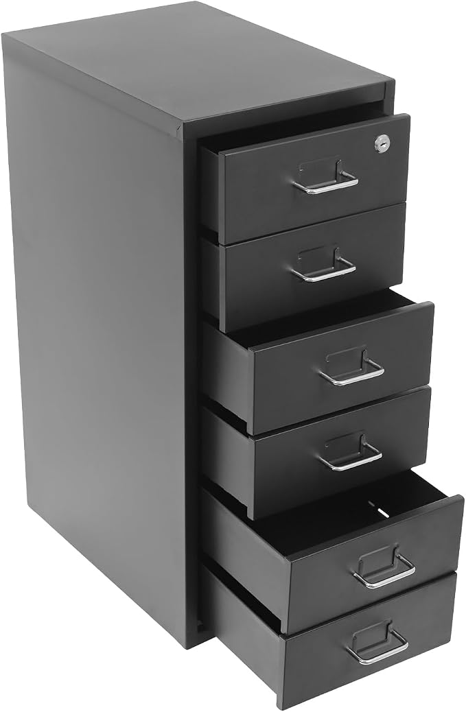 Vertical File Cabinet, 6 Drawers Rolling File Organizer Cabinets with Lock, Heavy Duty Metal Storage Cabinet, Movable Under Desk Filing Cabinet for Office, Study, Dresser (Black)
