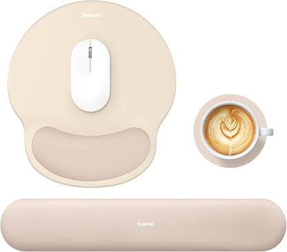 Sushret Mouse Pad and Keyboard Wrist Rest, 3-in-1 Gel Memory Foam Ergonomic Mouse Pad with Wrist Rest Set, Gaming Mousepad Arm Cushion Support for Computer Office Desk Accessories Cute Setup,Apricot