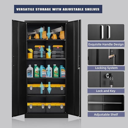 Guizeeopo Metal Storage Cabinet with Adjustable Shelves, Garage Storage Cabinets with Doors and Shelves, File Cabinets for Home Office, Kitchen Pantry Cabinet, 71'H, Black